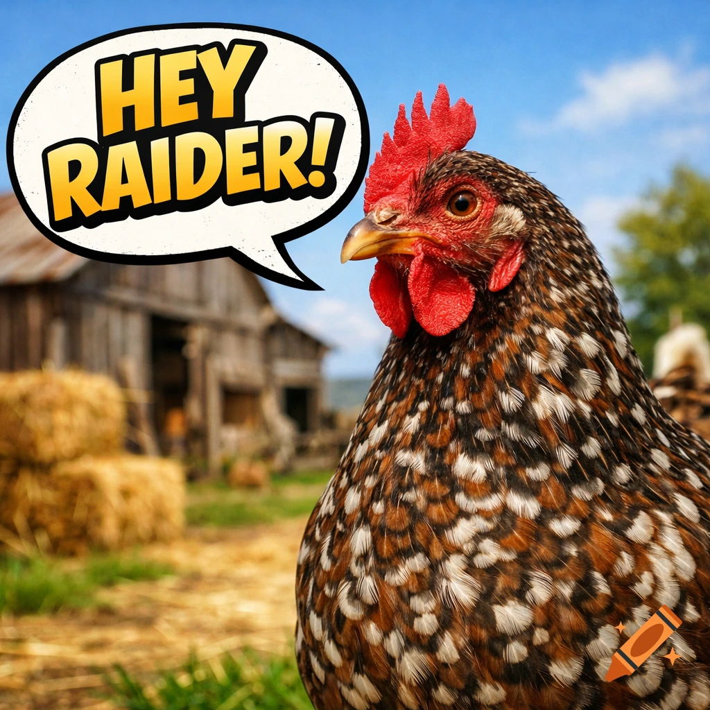 A speckled chicken with a red comb and wattle stands on a farm, with a speech bubble saying "HEY RAIDER!" against a blue sky.