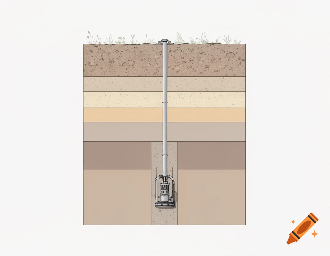 Schematic cross-section showing earth layers with a pump in a vertical shaft connected by a pipe to the surface, in a minimalist technical style.