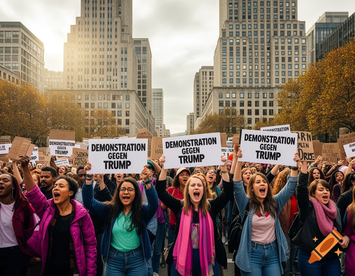 A crowd of people shouting and holding signs that read 'Demonstration gegen Trump' in a city street.