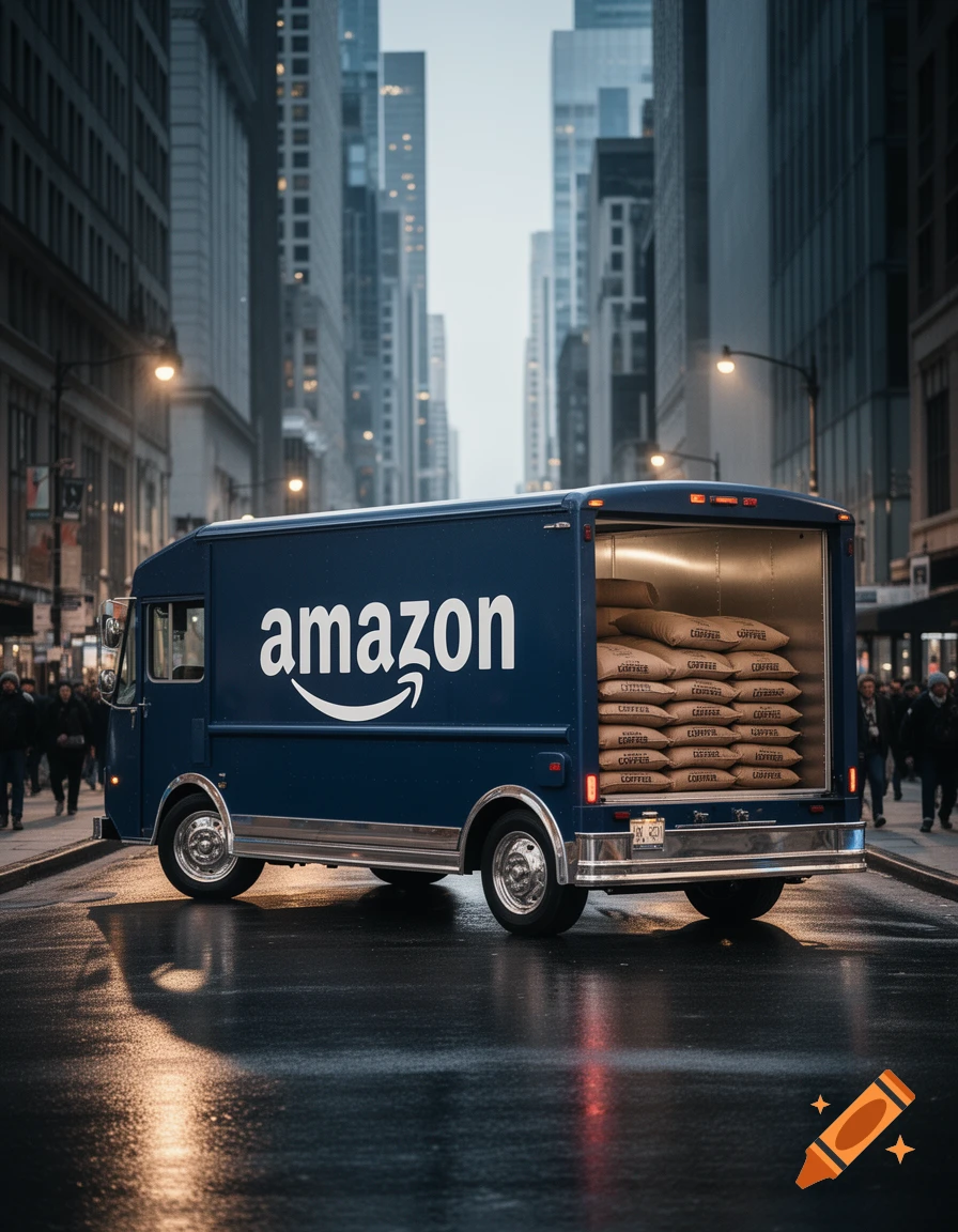 A blue Amazon delivery truck with its back open, revealing stacked bags labeled 'COFFEE', parked on a wet city street lined with tall buildings.