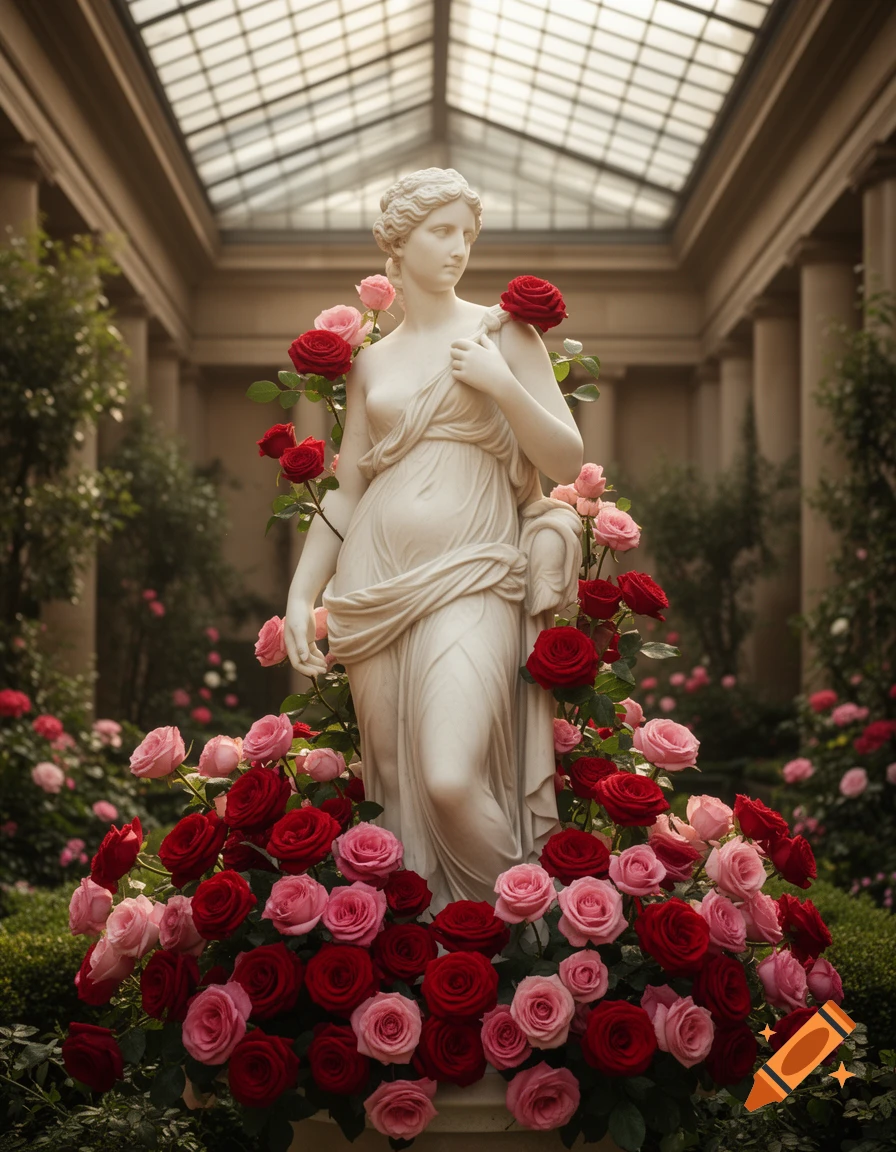 A photorealistic white marble statue of a woman draped in cloth, surrounded by vibrant red and pink roses in a classical atrium with a glass roof.