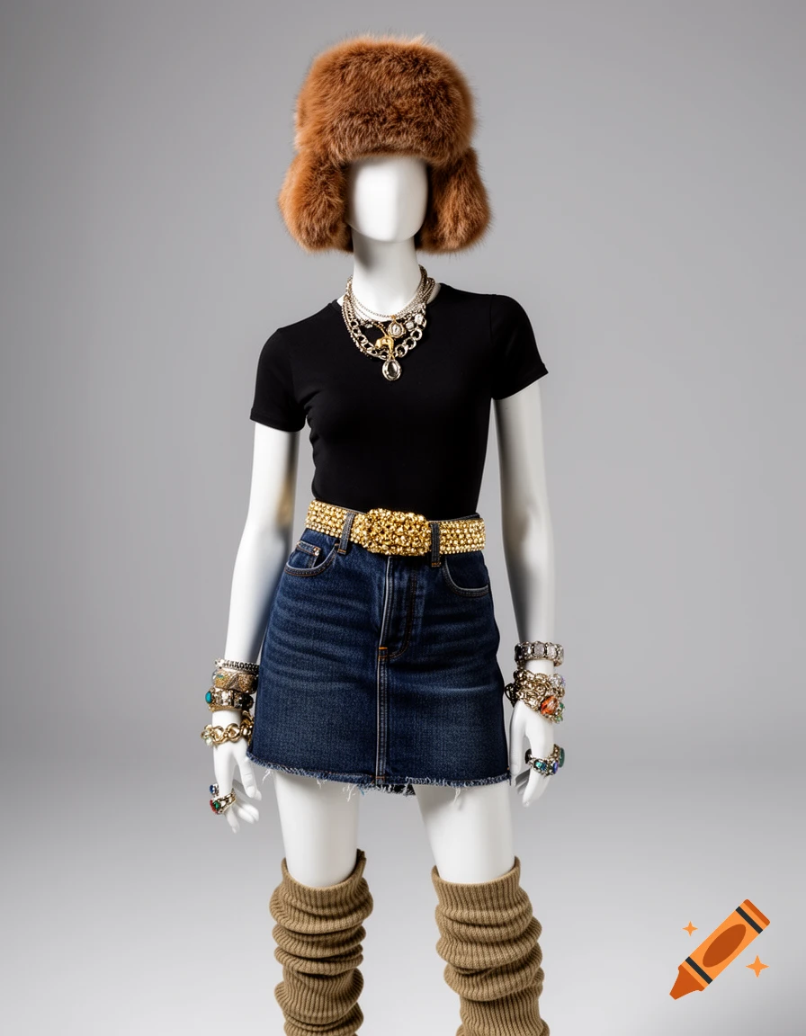 A photorealistic image of a mannequin wearing a brown fur ushanka, black t-shirt, denim mini skirt, gold belt, khaki leg warmers, and Y2K jewelry.