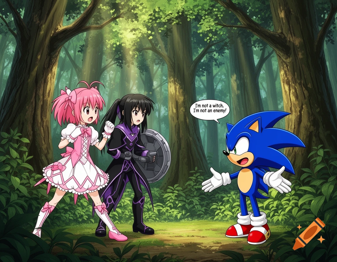 Anime girls Madoka and Homura confront Sonic the Hedgehog in a forest, while Sonic explains, 'I'm not a witch, I'm not an enemy!'