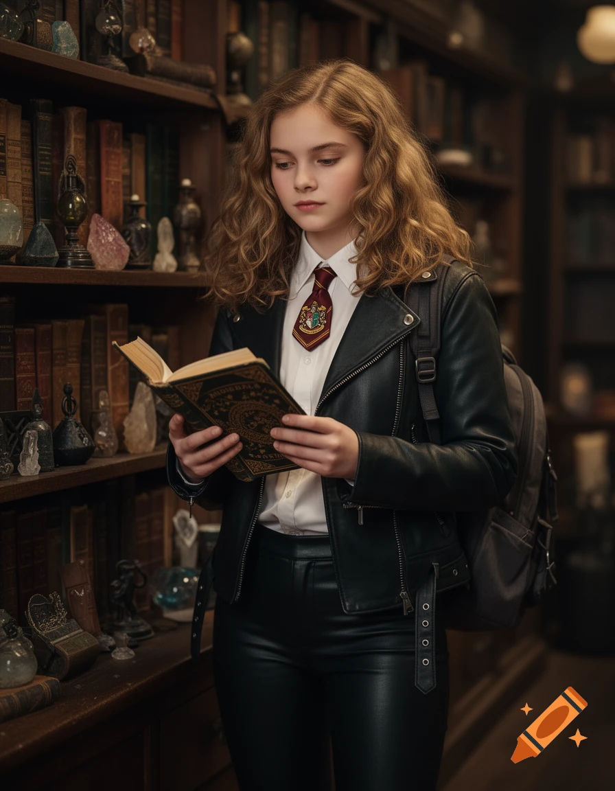 A hyperrealistic portrait of a young woman with curly hair, wearing a black leather jacket and uniform, reading a book in a library.