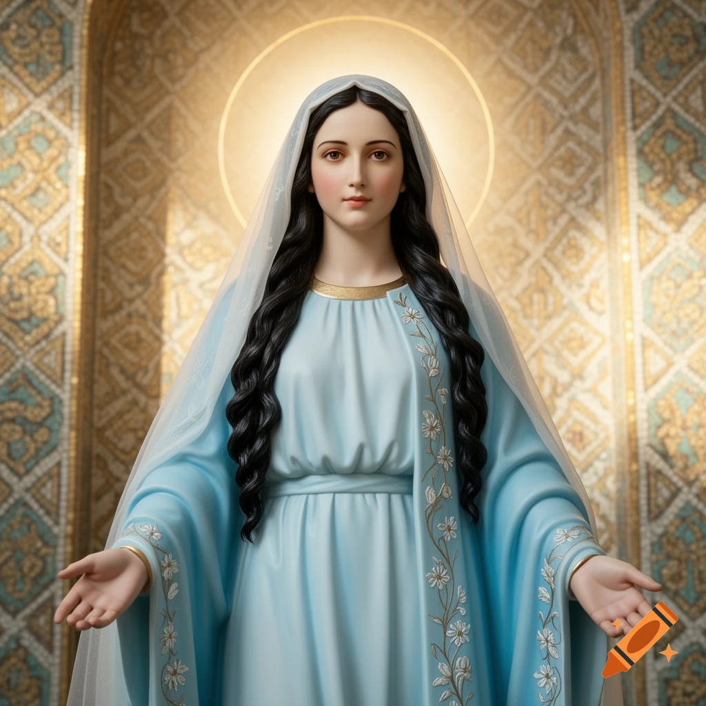 Statue of the Virgin Mary in a light blue gown and white veil, hands outstretched, against a golden tiled background with a halo.