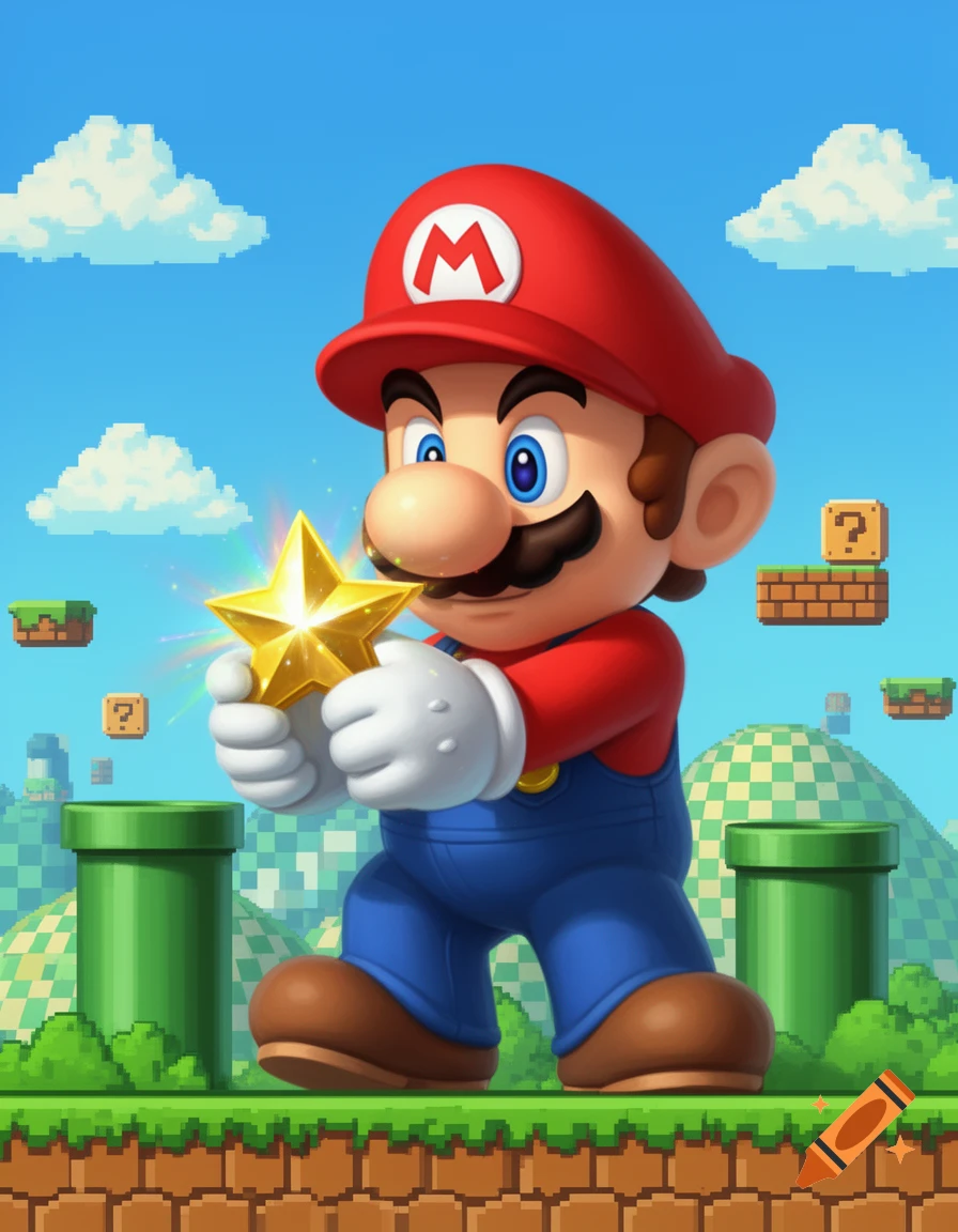 Mario, a cartoon plumber, holds a shining star in a vibrant, pixelated video game landscape with green pipes and question mark blocks.