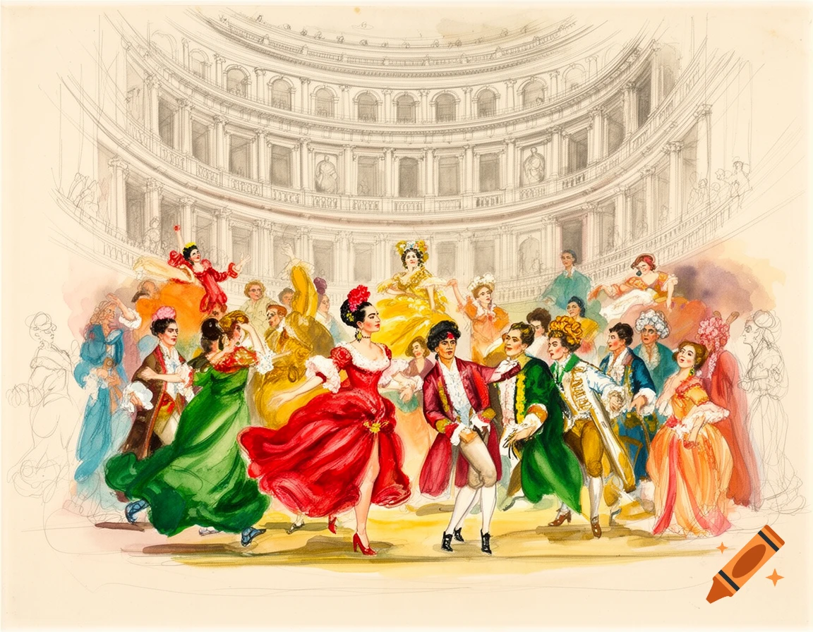 A colorful watercolor theatrical sketch showing a crowd in vibrant 18th-century costumes dancing against an unfinished theater interior.