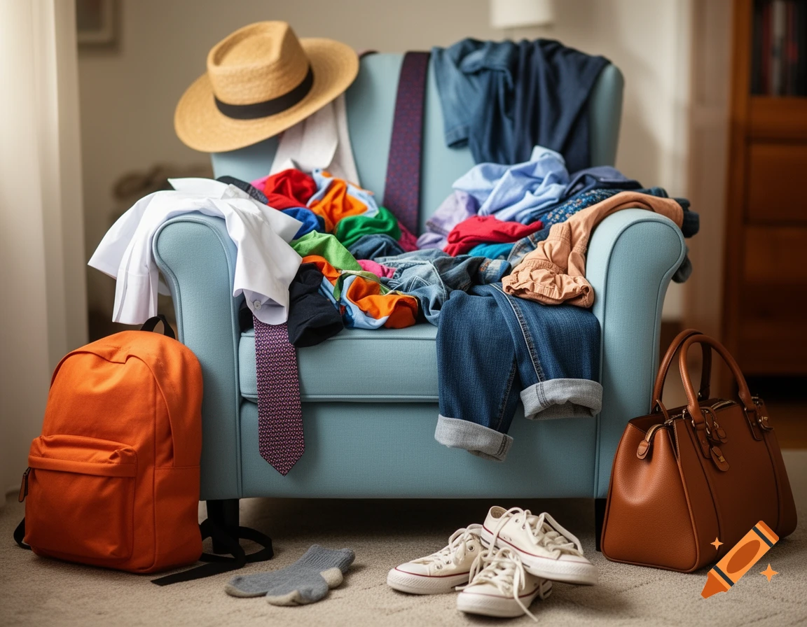 A light blue armchair overflowing with colorful clothes, a hat, and a tie, with a backpack, handbag, and shoes on the floor.