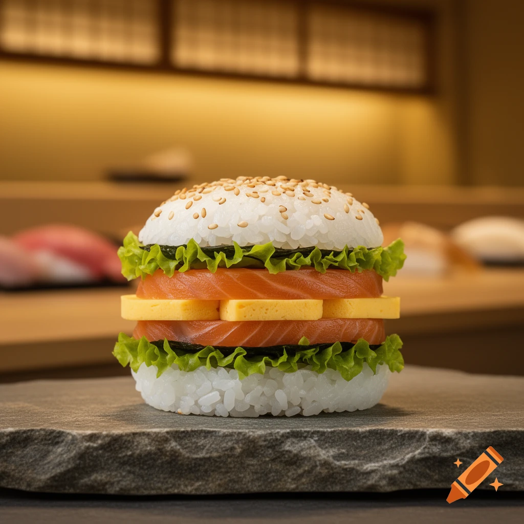 A fusion sushi burger with rice buns, salmon, tamagoyaki (egg), lettuce, and nori, served on a dark stone slab.