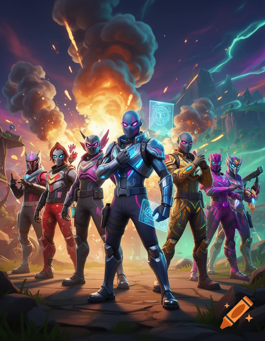 A group of stylized superhero characters in colorful armored suits stand against a dramatic backdrop of explosions and a stormy sky.
