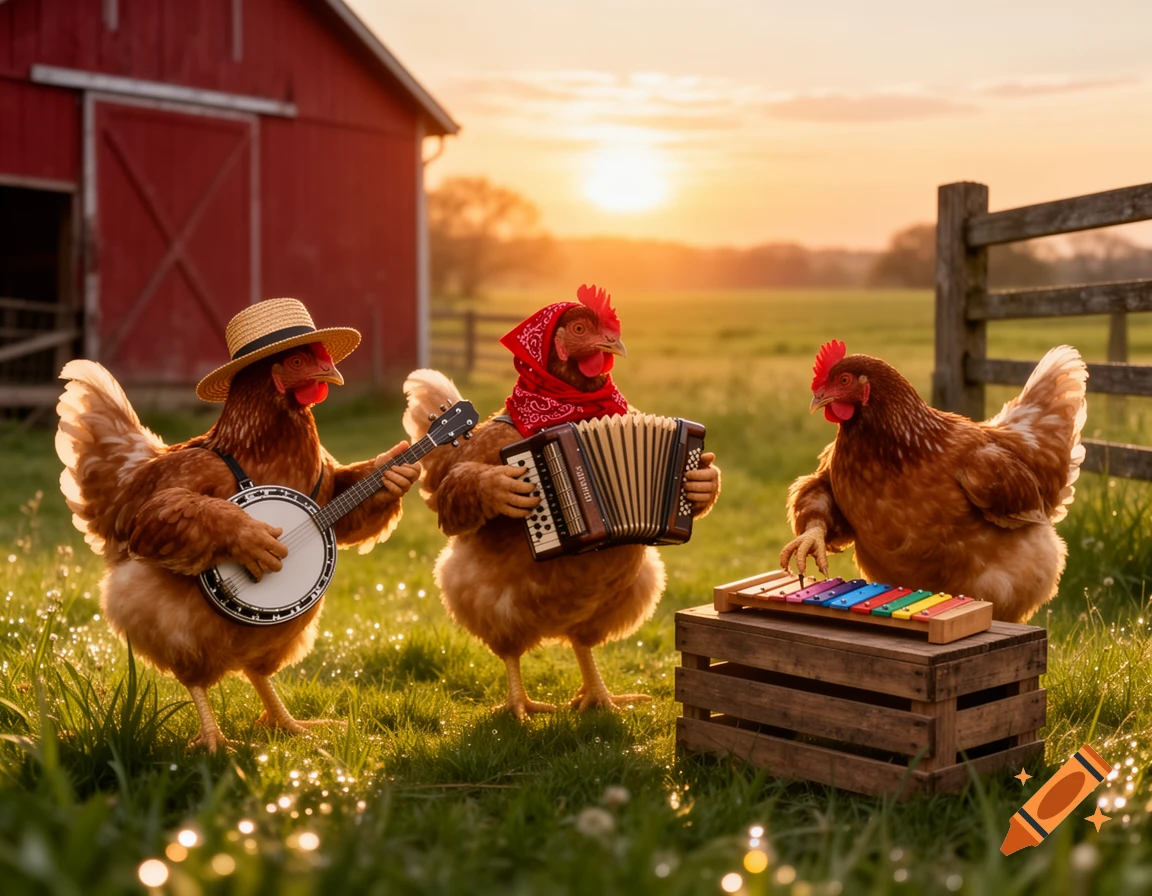 Three anthropomorphic hens play a banjo, accordion, and xylophone on a grassy farm at sunset with a red barn.