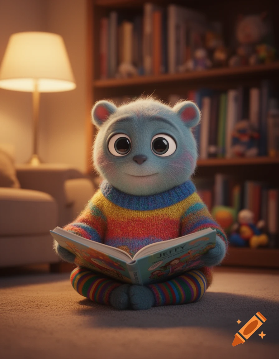 A cute, fluffy blue cartoon creature in a colorful striped sweater sits on the floor reading a book in a cozy room.