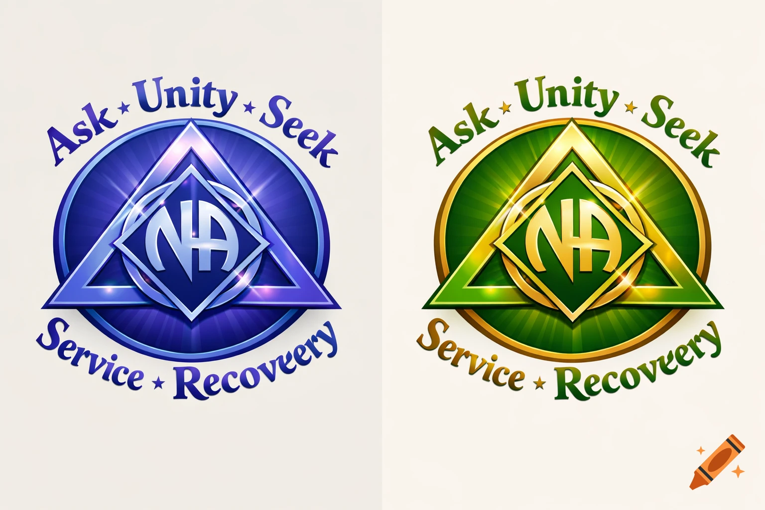 Two stylized addiction recovery logos, one blue and silver, the other green and gold, featuring a circle with a triangle and 'NA' emblem. Text reads 'Ask Unity Seek' and 'Service Recovery'.