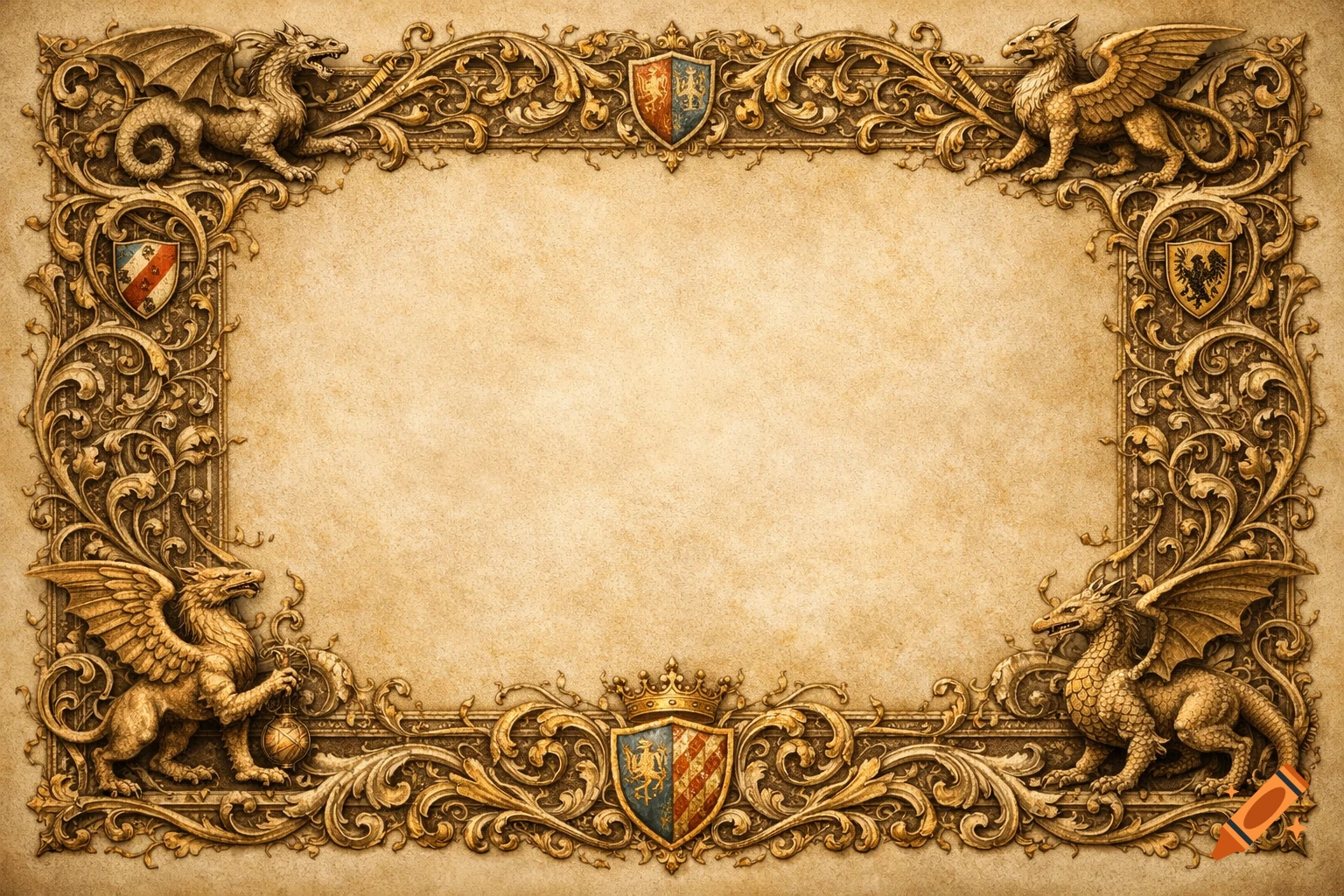 Ornate medieval border with gold scrollwork, dragons, griffins, and heraldic shields on a parchment background.