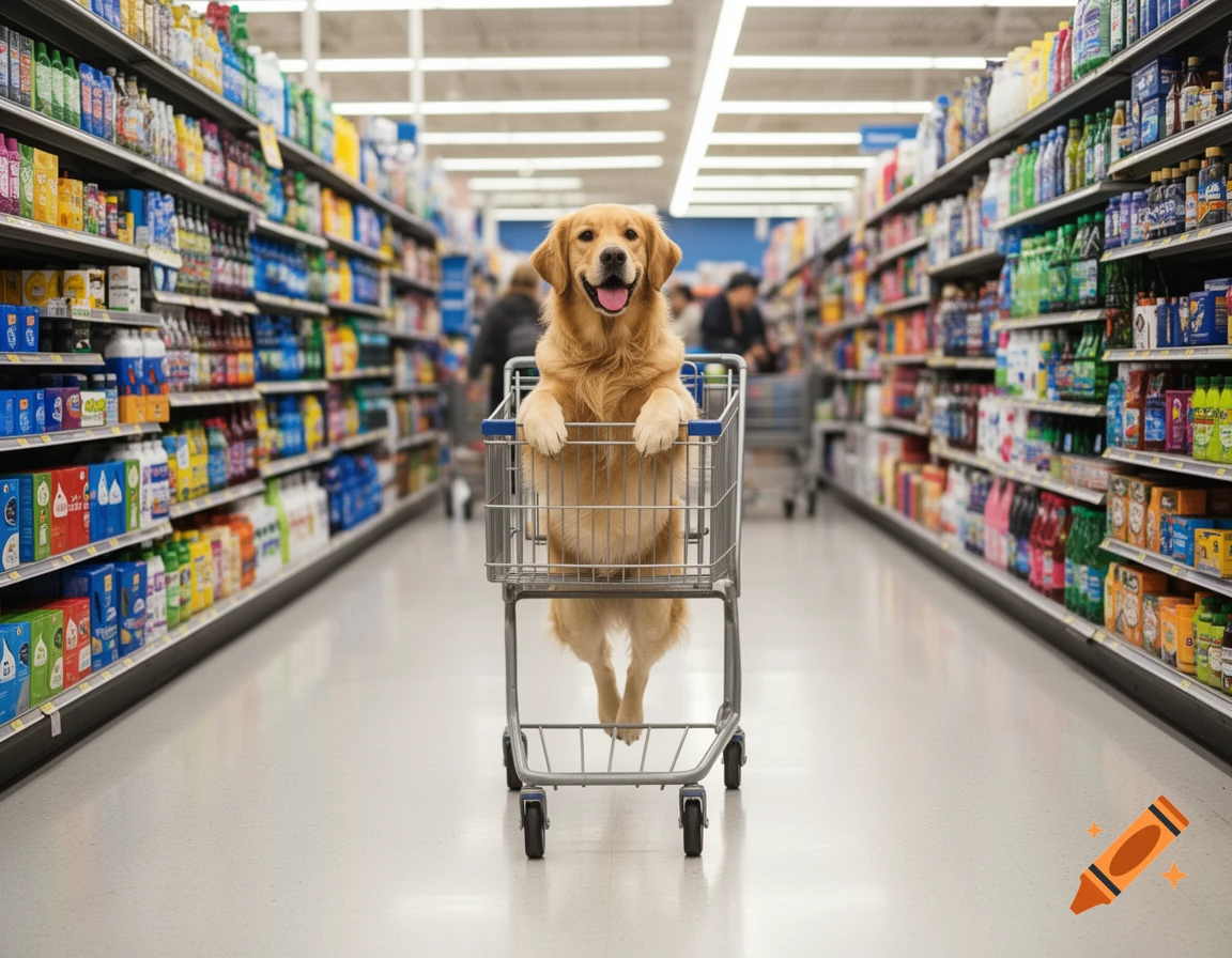 A happy golden retriever stands in a shopping cart, looking forward in a brightly lit supermarket aisle filled with products.