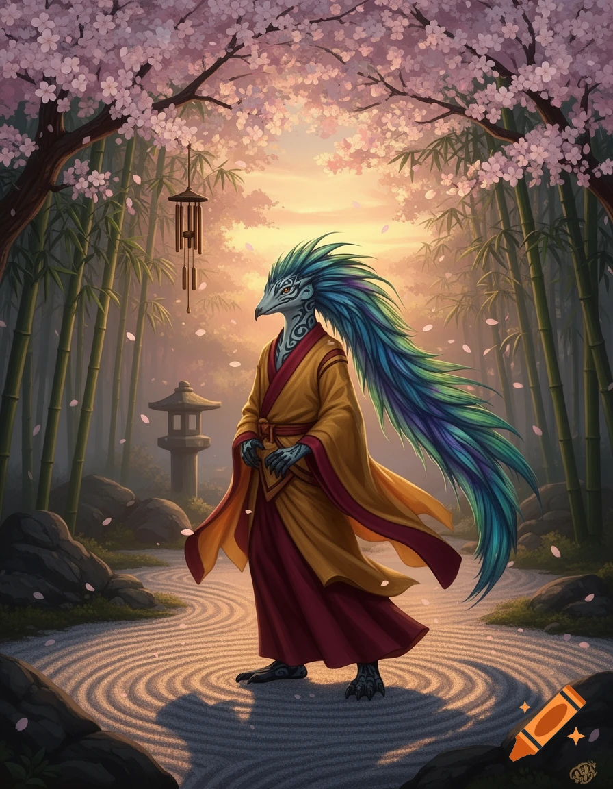 A feathered, blue-headed creature in a yellow and red robe stands in a serene Japanese zen garden with cherry blossoms and bamboo.