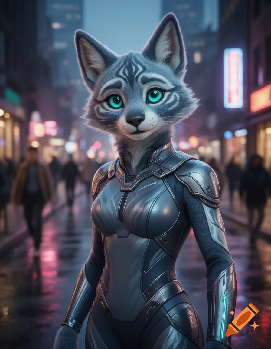 A gray furry character with glowing turquoise eyes in a futuristic armored suit stands on a wet, neon-lit city street at night.