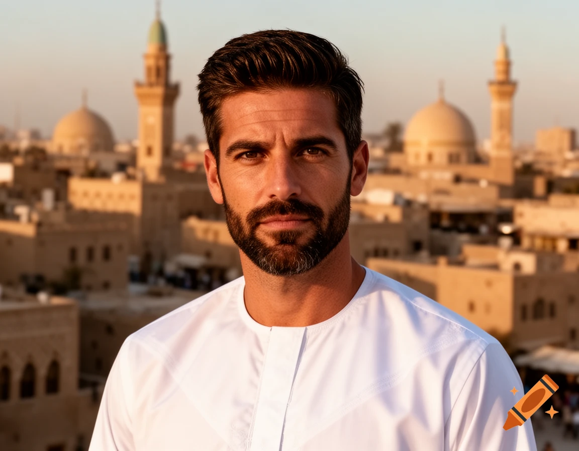 A dark-haired man with a beard wearing a white thobe, looking directly, with a blurred Middle Eastern city and minarets at sunset.