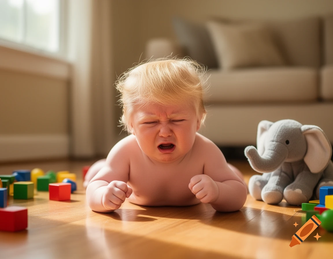 A crying baby with blonde hair lays on a wooden floor surrounded by colorful building blocks and a gray stuffed elephant toy.