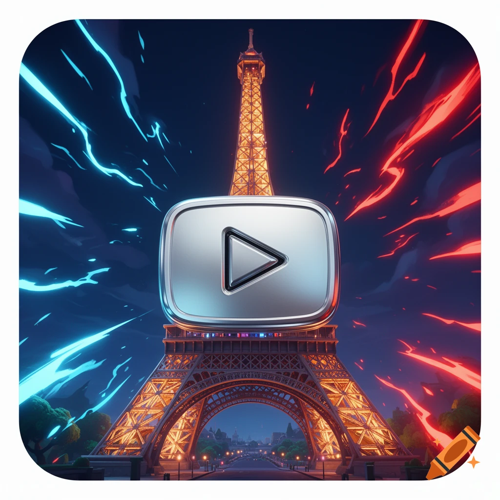 A silver YouTube play button icon glows above the illuminated Eiffel Tower at night, against a dark sky with vibrant blue and red neon light effects. The style is modern digital art.