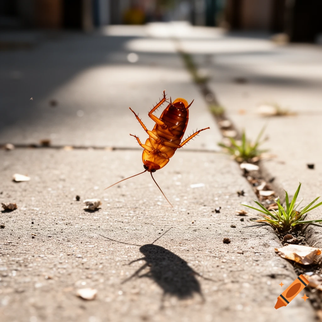A photorealistic close-up of a cockroach mid-air on its back, doing a backflip over a sunlit concrete sidewalk.