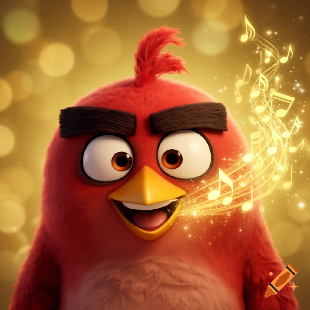 Close-up digital art of Red from Angry Birds, smiling with golden musical notes emanating from him against a bokeh background.