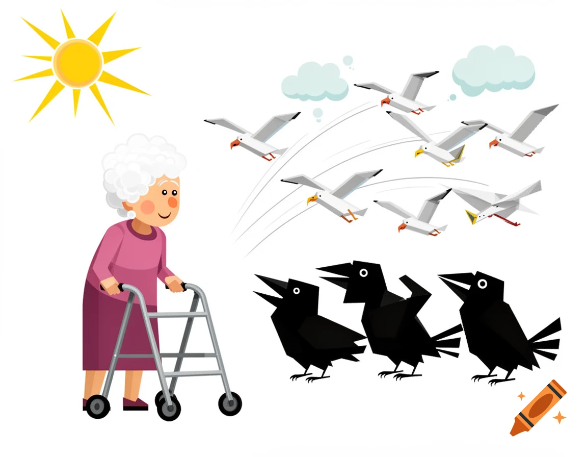 A flat cartoon illustration depicts an elderly woman with a walker watching black crows and white seagulls under a bright sun.