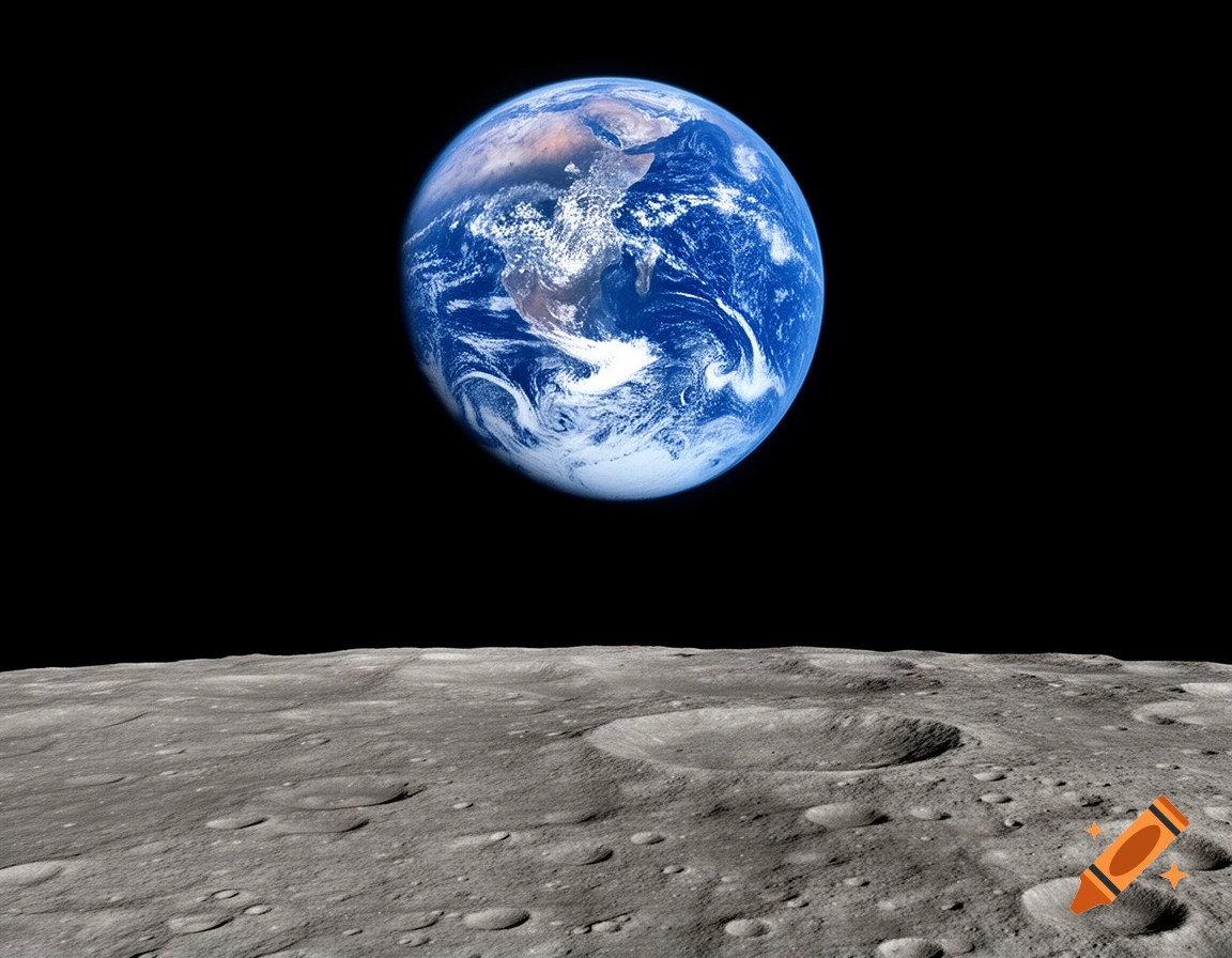 A photorealistic view of a vibrant blue and white Earth floating above the cratered, grey surface of the moon.