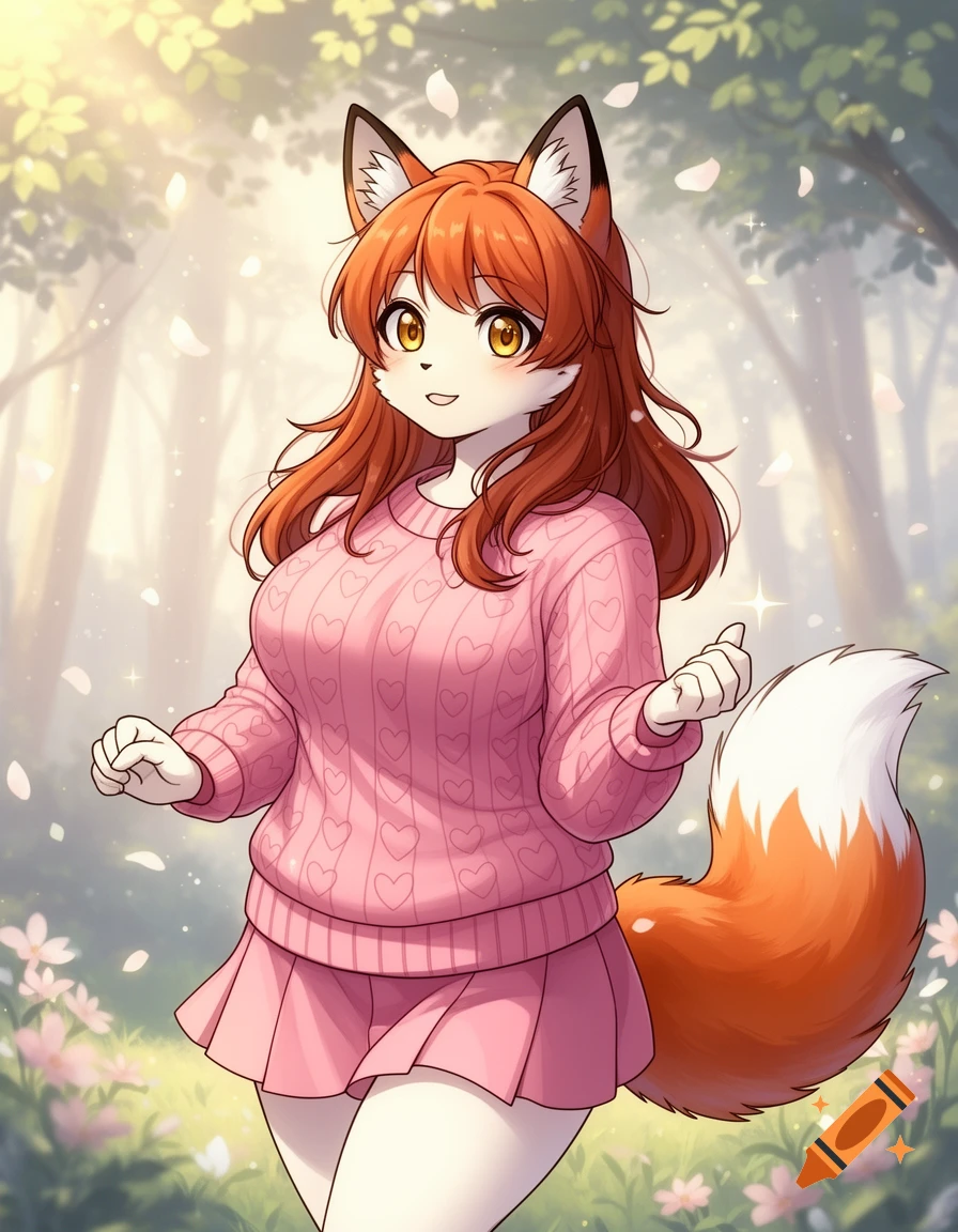A smiling, red-haired anime fox girl in a pink sweater and skirt stands in a bright, ethereal forest with floating petals.