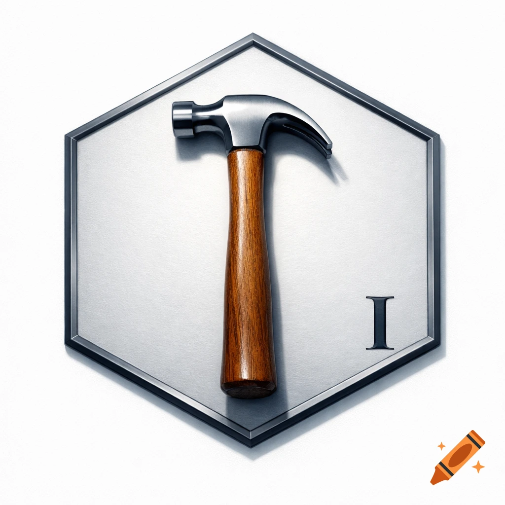 Photorealistic hammer with a wooden handle and steel head on a brushed metallic hexagon plaque, with Roman numeral I in the bottom right.