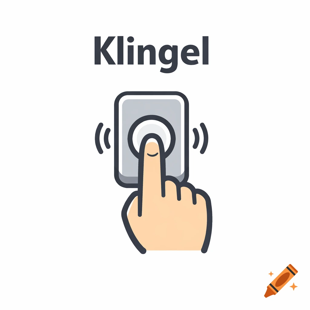 A stylized icon of a hand pressing a doorbell, with the word 'Klingel' above it.