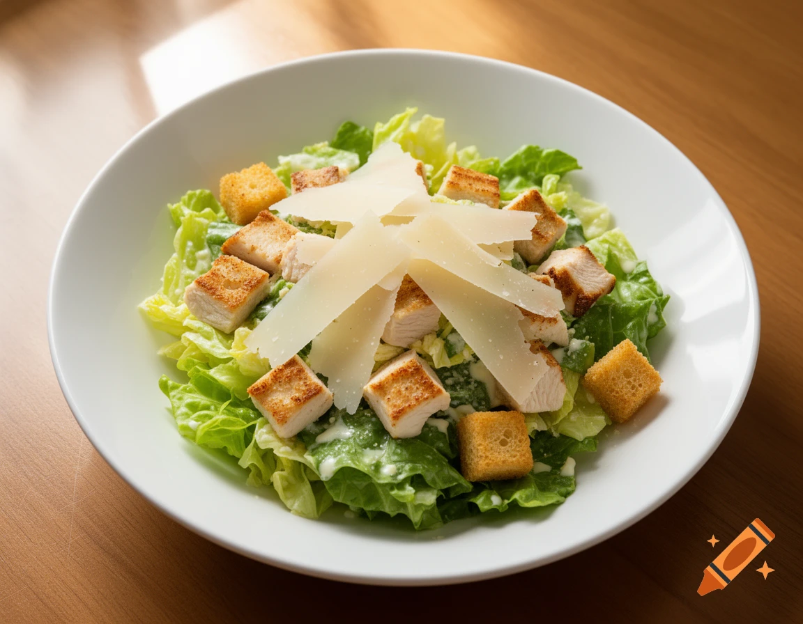 A photorealistic Caesar salad with crisp lettuce, golden croutons, grilled chicken cubes, and shaved parmesan cheese.