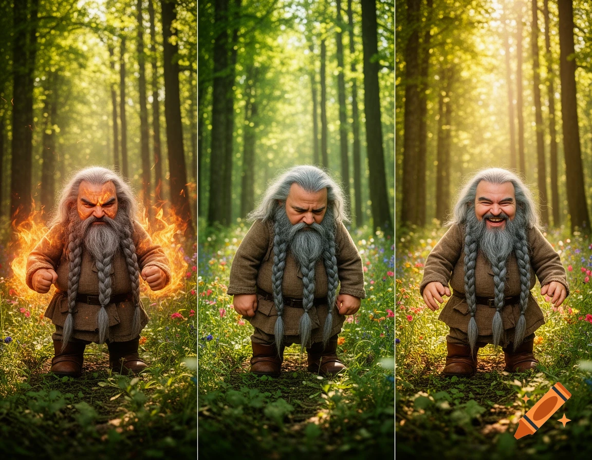 Three panels showing a dwarf-like character with a long braided gray beard in a bright forest. The first is angry with fire, the second is sad, and the third is happy.