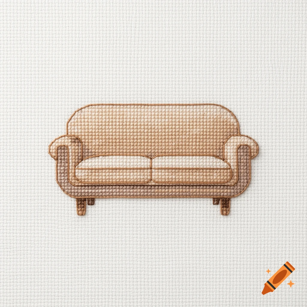 A simple cross-stitch embroidery of a beige and brown two-seater sofa on a white fabric background.