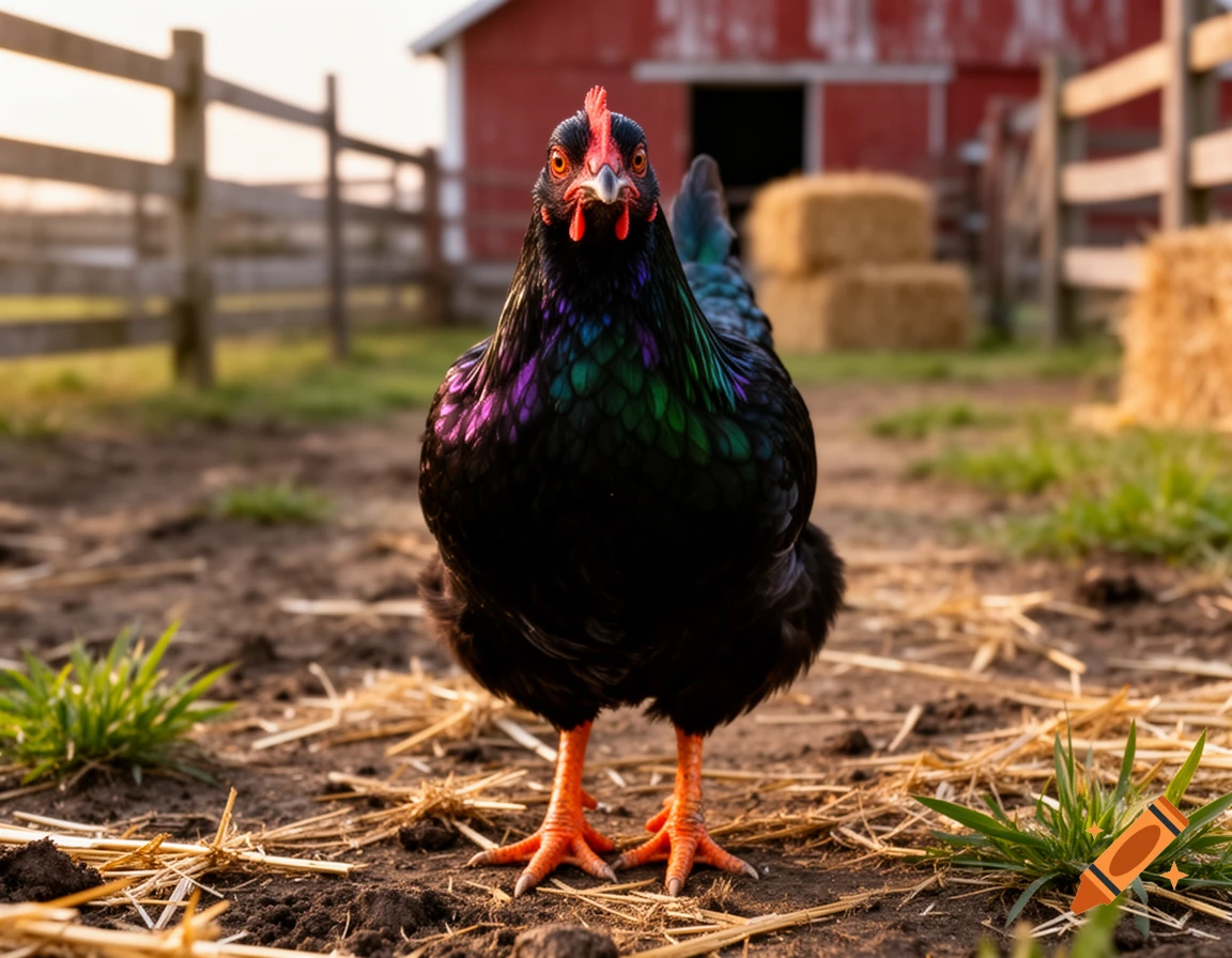 A black chicken with iridescent green and purple feathers stands on a dirt path in front of a red barn and hay bales.