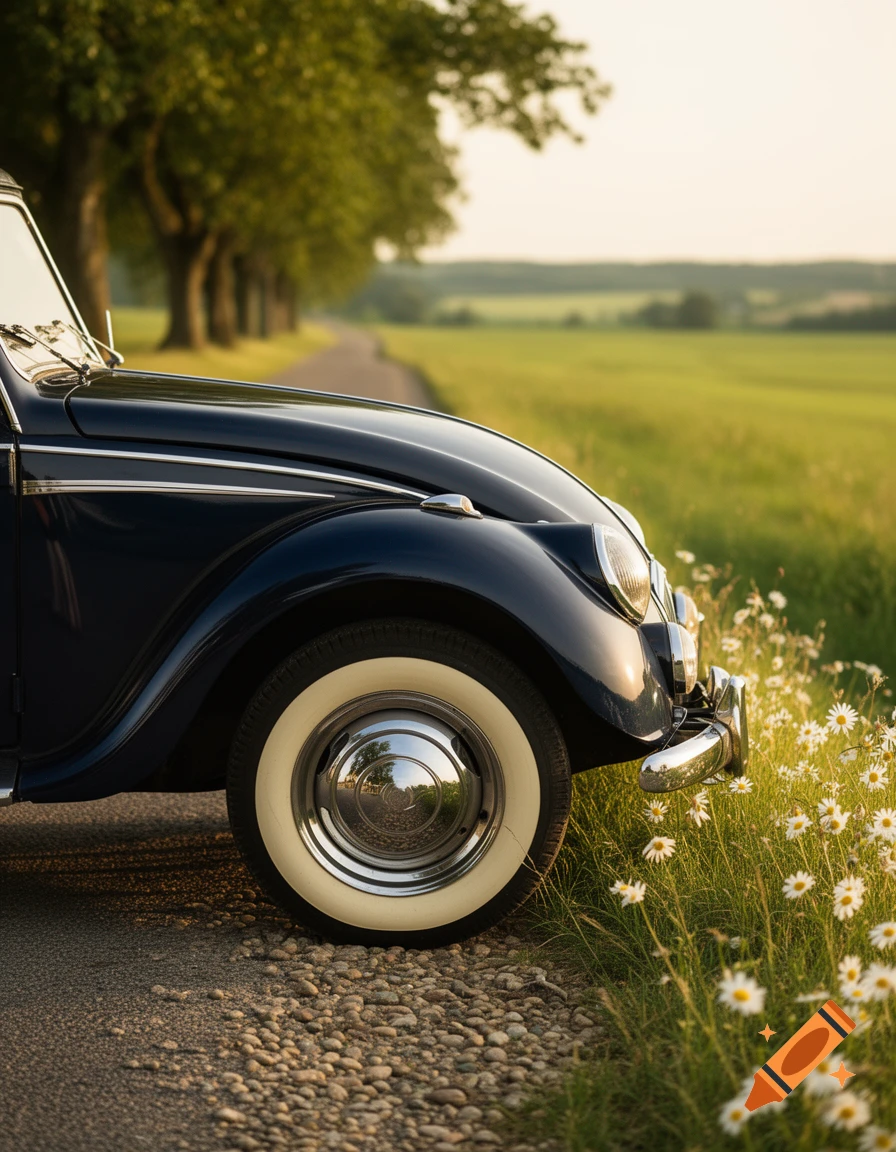 A close-up, photorealistic shot of a dark blue classic car with whitewall tires parked on a gravel road next to daisies and green fields.