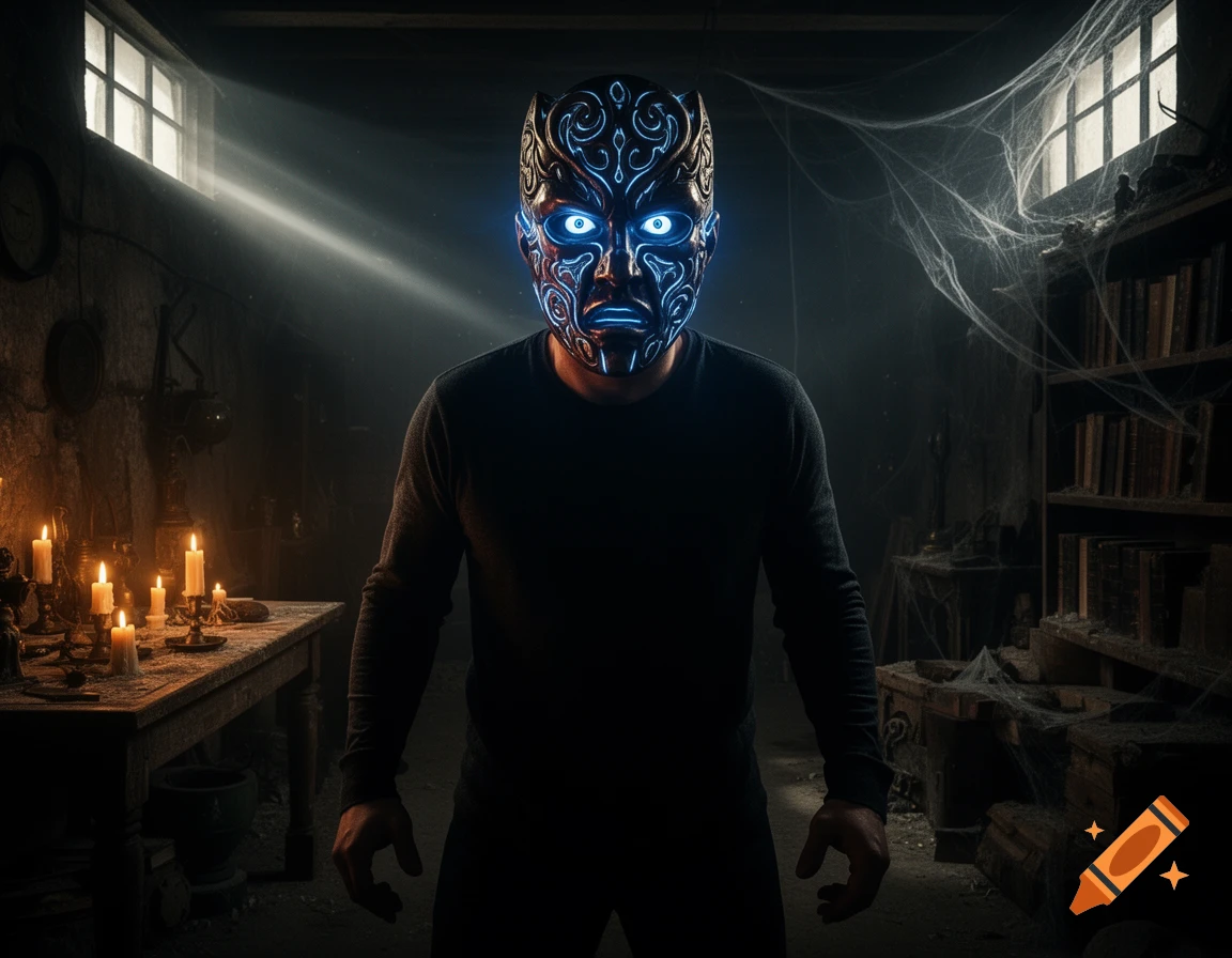 A man in a dark, dusty room wears an intricately patterned, glowing blue mask with bright eyes, surrounded by candles and bookshelves.