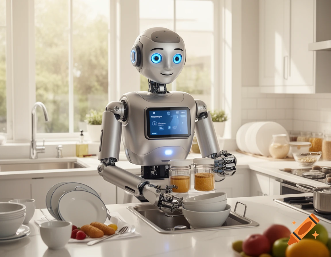 A friendly, photorealistic silver robot with glowing blue eyes stands in a modern kitchen, holding jars and surrounded by dishes.