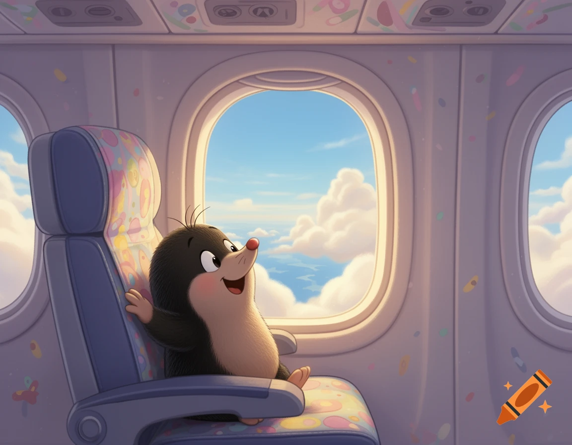 A happy cartoon mole, Petite taupe, sits in an airplane seat, looking out the window at the blue sky and white clouds.