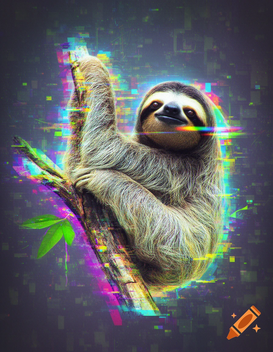 A sloth hangs from a branch, depicted in a digital glitch art style with vibrant pixelated distortions.