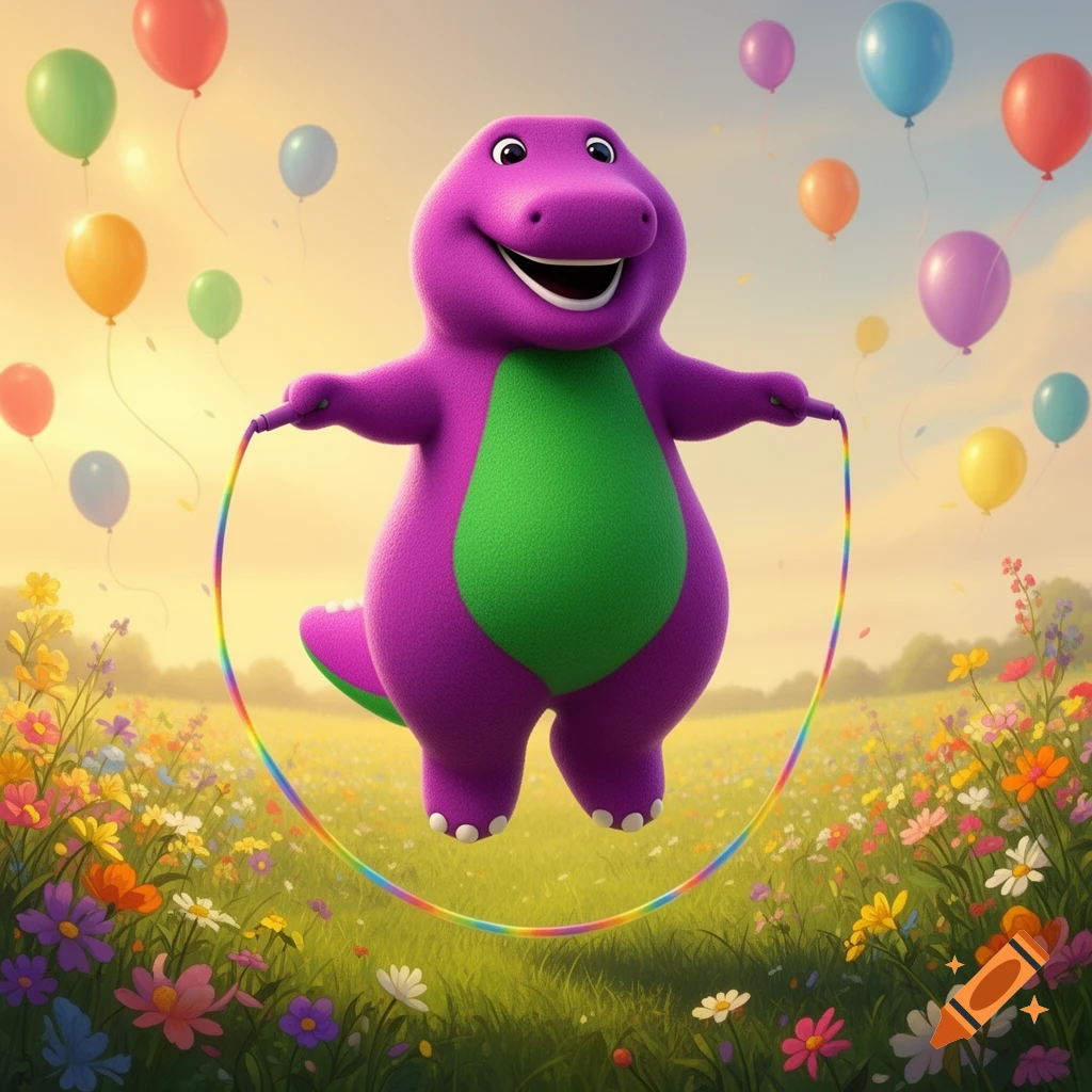 Barney the Dinosaur jumps rope in a sunny, vibrant field filled with colorful flowers and balloons.