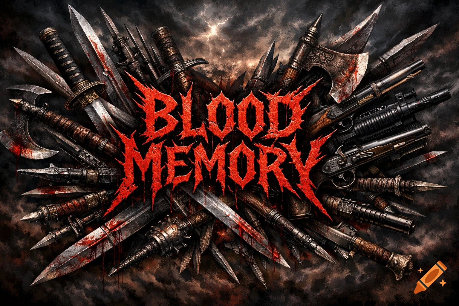 Stylized death metal logo 'BLOOD MEMORY' in red, surrounded by a pile of blood-splattered swords, axes, and guns on a dark, stormy background.