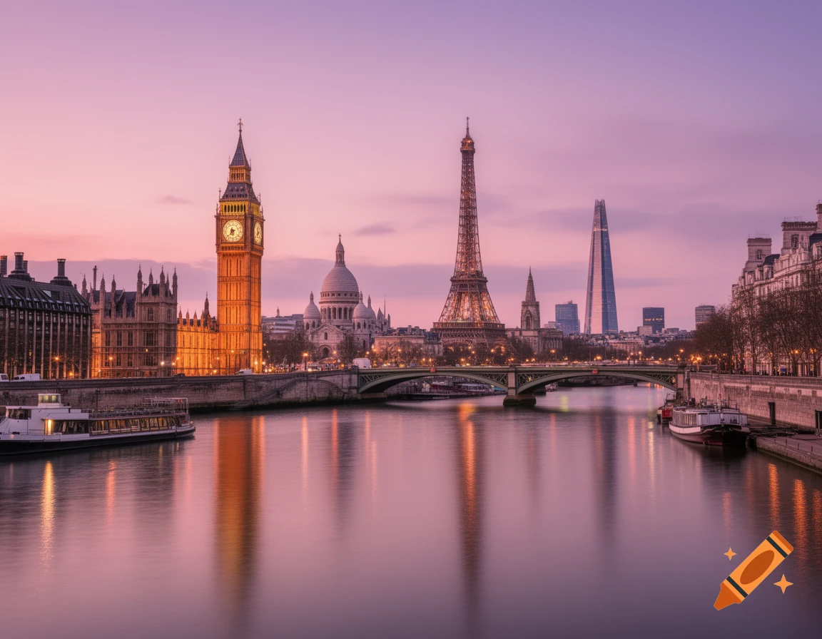Big Ben, Eiffel Tower, Sacr -C our, and other city landmarks stand alongside a river at dusk under a purple sky.