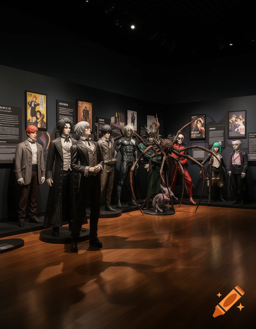A dimly lit museum exhibit featuring several character statues, including a large spider-like figure, and framed posters on dark walls, with a polished wooden floor.