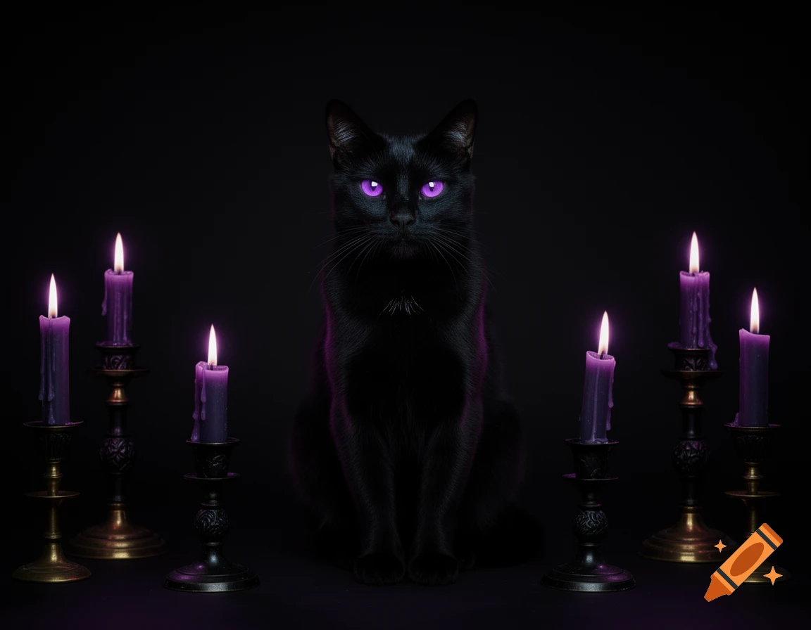A black cat with glowing purple eyes sits centered among several burning purple candles on a dark background.