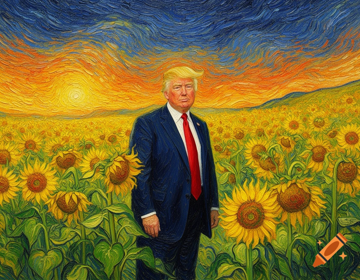 A painting in the style of Van Gogh showing Donald Trump standing in a field of sunflowers under a vibrant sky.