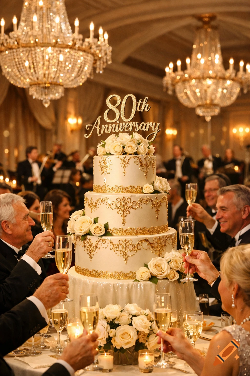 A lavish 80th anniversary celebration with a tiered white and gold cake, guests toasting champagne, and ornate chandeliers.