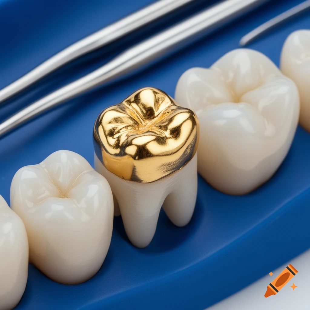 Close-up of a maxillary molar model with a shiny gold dental crown, alongside other white molars on a blue surface.