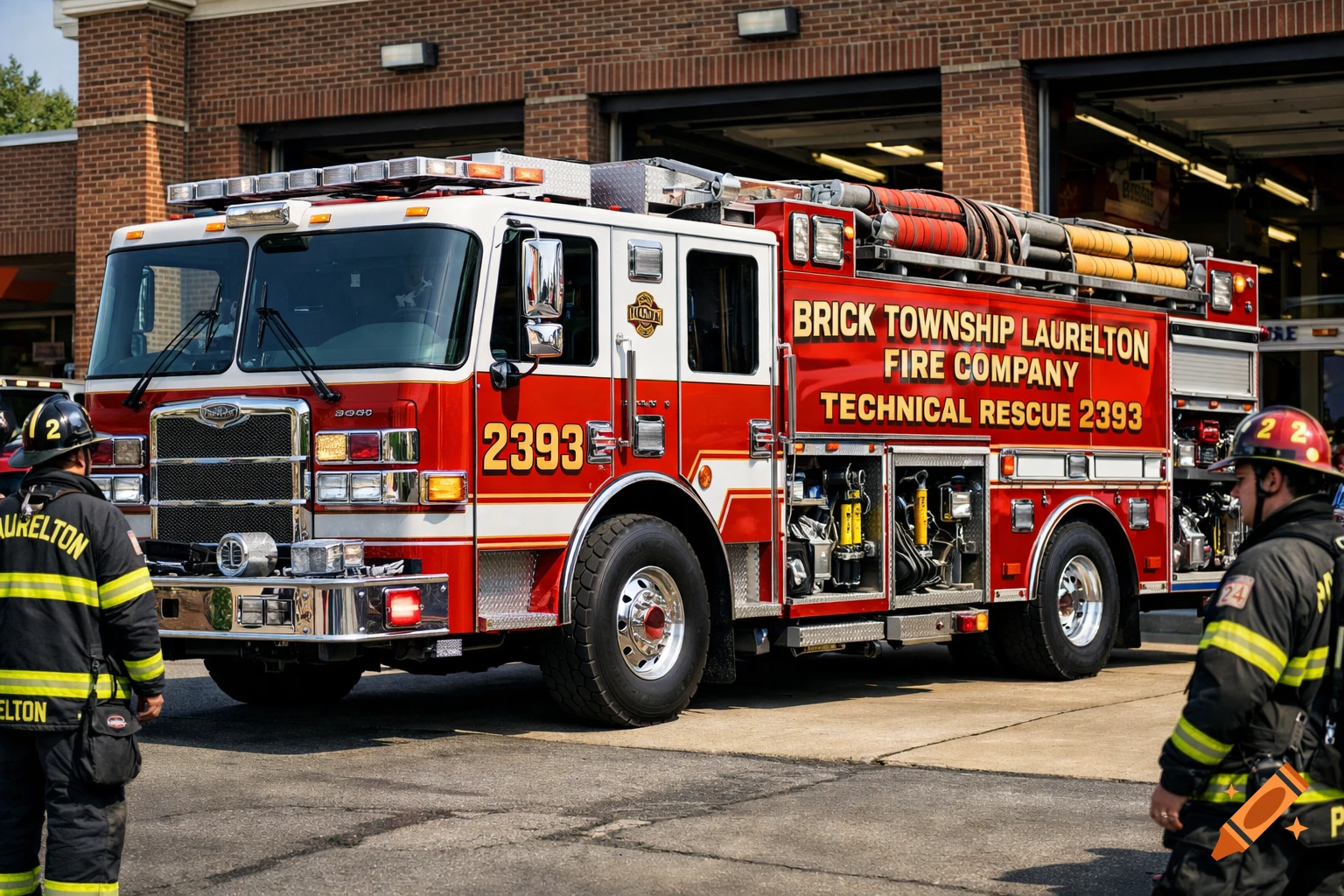 Red and white fire truck labeled 'Brick Township Laurelton Fire Company Technical Rescue 2393' with two firefighters outside a fire station.