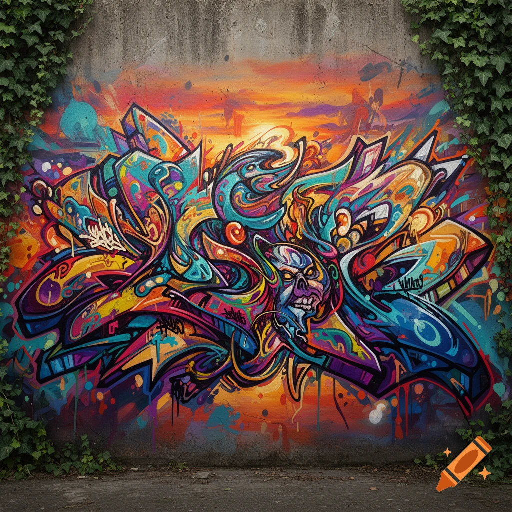 A vibrant, colorful graffiti mural with abstract shapes, a stylized skull face, and tags on a concrete wall framed by green ivy.